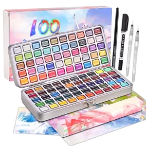 100 Professional Watercolor Paint Set，Water Color Paints with 54 Premium Colors 10 Fluorescent Colors 36 Metallic Colors 2 Water Brushes 1 Fineliner 1 Sketching pencil,Portable Travel Watercolor Set for Artists Adults Kids