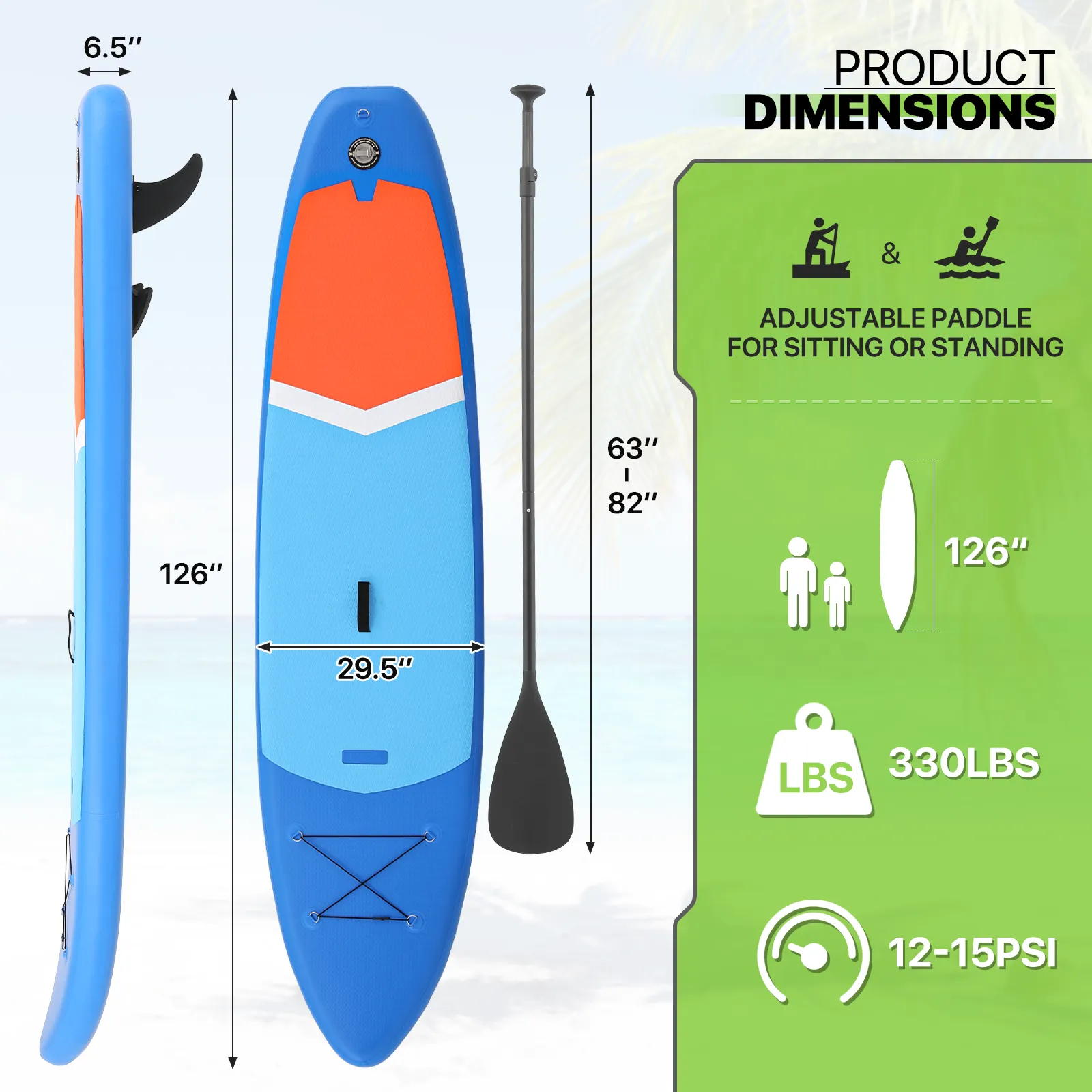 10.5ft Stand Up Paddle Board -  PVC Material -Displacement 330L, Max Load Capacity 333 lb, Max Air Pressure 15PSI