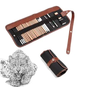 29 Pieces Drawing Sketching Pencils Set Full Sketch Kit with Graphite Pencils, Mark Charcoal, Paper Brush Pen, Pencil Extender, Eraser, Pencil Knife, Ideal for Beginners Kids