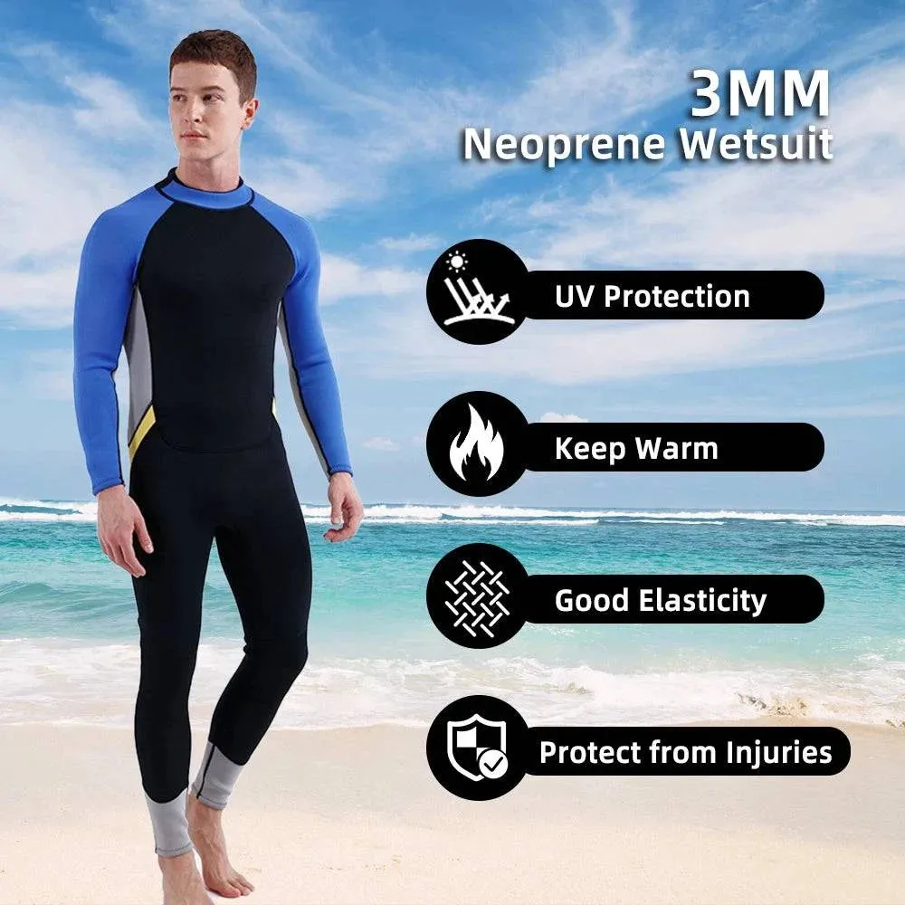 3mm Neoprene Wetsuit for Men Back Zip Full Body Flatlock Stitched Diving Suit for Snorkeling Surfing Scuba Diving Swimming