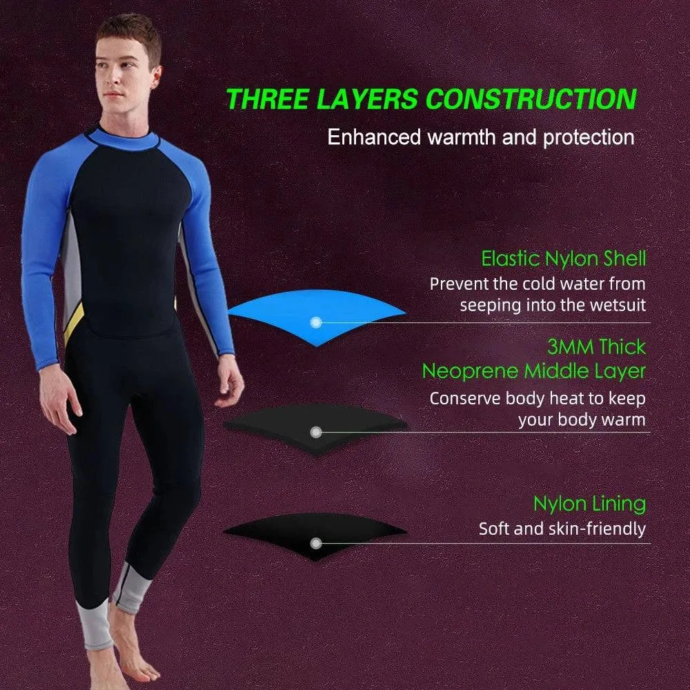 3mm Neoprene Wetsuit for Men Back Zip Full Body Flatlock Stitched Diving Suit for Snorkeling Surfing Scuba Diving Swimming