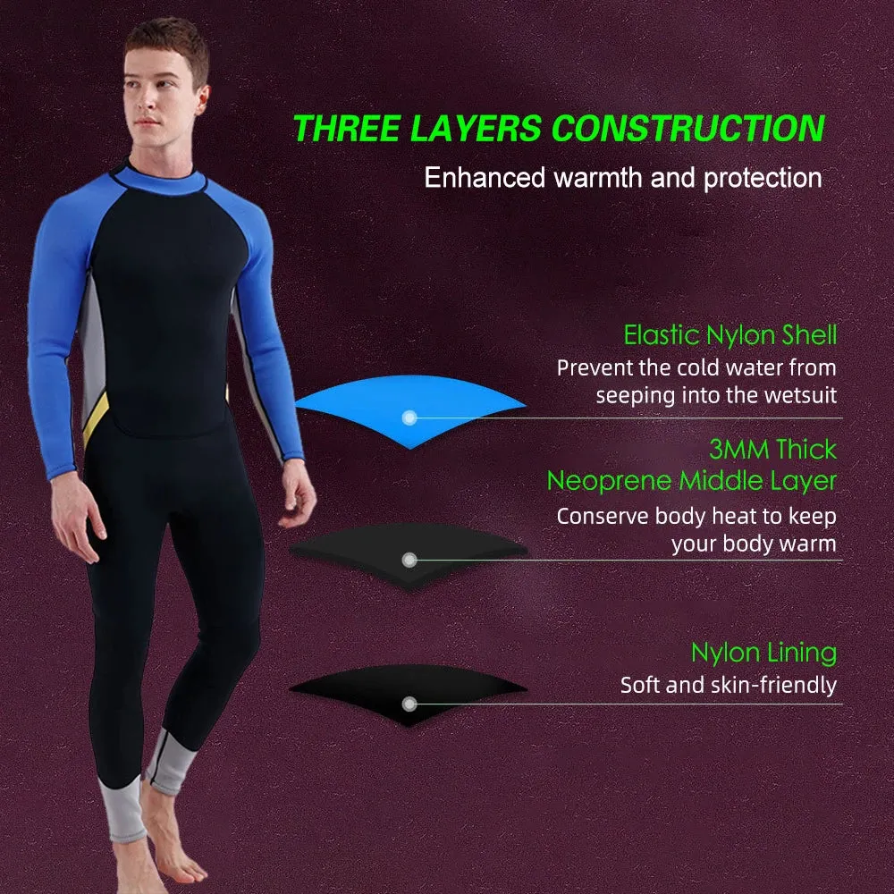 3mm Neoprene Wetsuit for Men Back Zip Full Body Flatlock Stitched Diving Suit for Snorkeling Surfing Scuba Diving Swimming