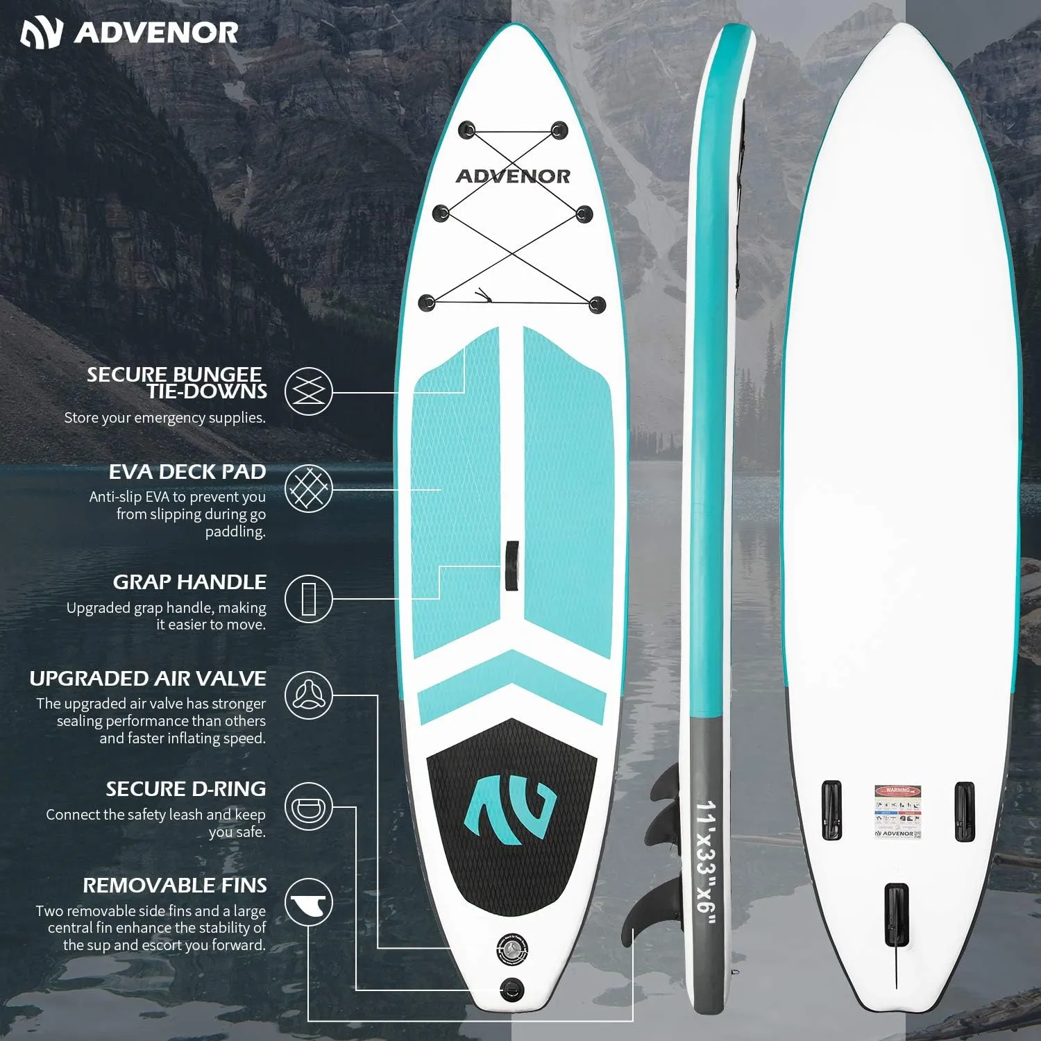 ADVENOR Paddle Board 11'x33 x6 Extra Wide Inflatable Stand Up Paddle Board with Hand Pump,Leash, Adjustable Paddle For Basic Version, Extra Kayak Paddle Kayak Seat 2 Fishing Mounts For Fishing Version