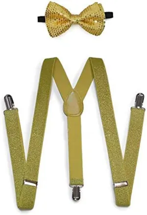 All Gold Mens & Women Wedding Accessories Sequin Adjustable Bow Tie & Glitter Suspenders