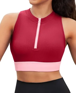 beautyin Sleeveless Slim Fitted Crop Tops for Women Front Zip Up Ribbed Racerback Swimwear