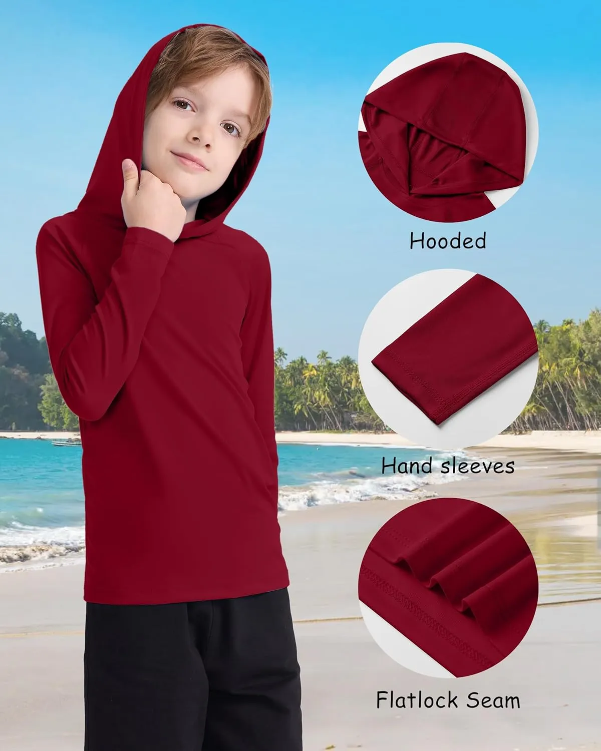 Boys' UPF 50  Rash Guard Long Sleeve, Youth Kids UV Sun Protection SPF Swim Hoodie, Girls Water Fishing Beach Hooded Shirt