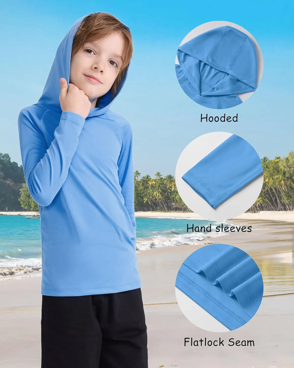 Boys' UPF 50  Rash Guard Long Sleeve, Youth Kids UV Sun Protection SPF Swim Hoodie, Girls Water Fishing Beach Hooded Shirt