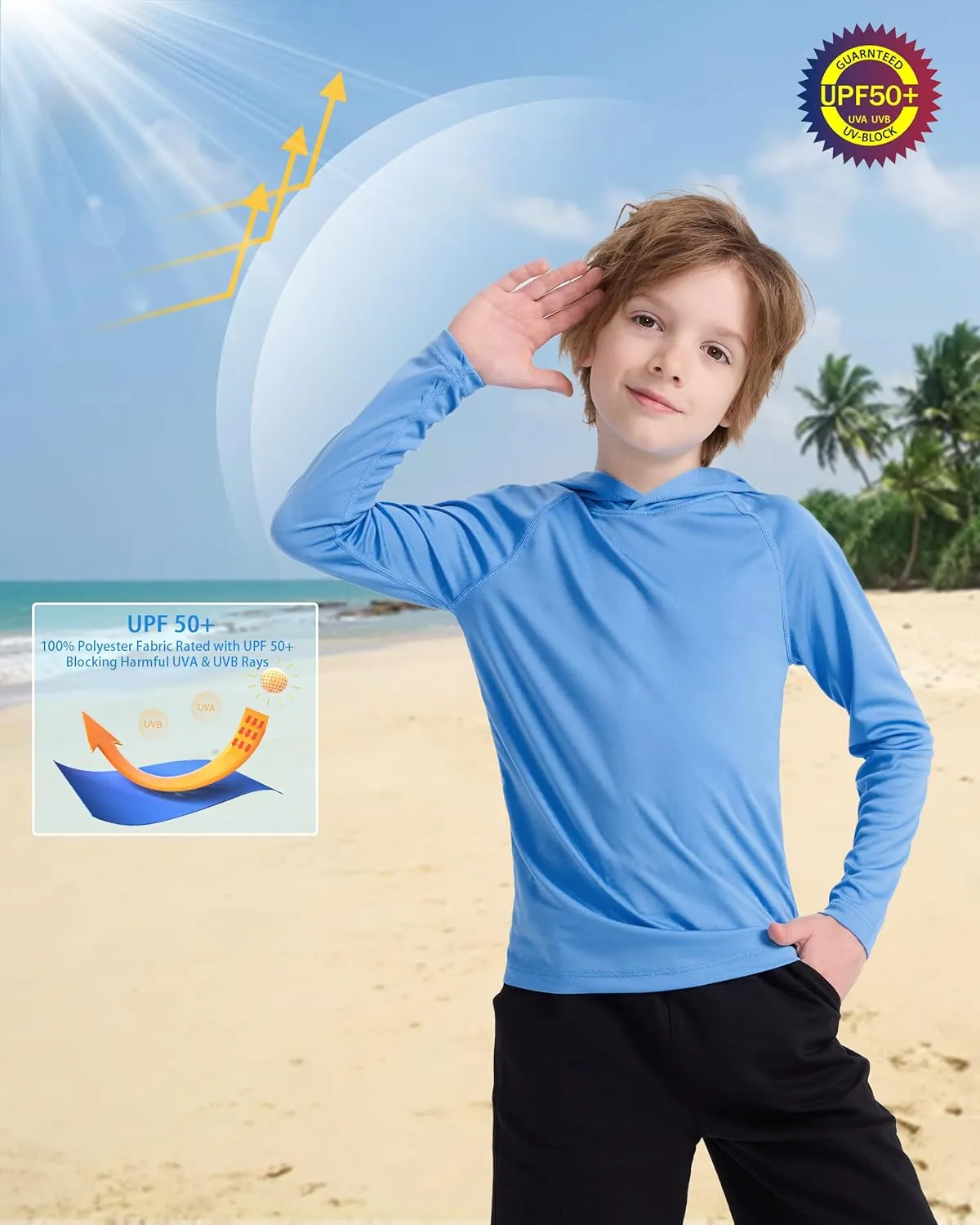 Boys' UPF 50  Rash Guard Long Sleeve, Youth Kids UV Sun Protection SPF Swim Hoodie, Girls Water Fishing Beach Hooded Shirt