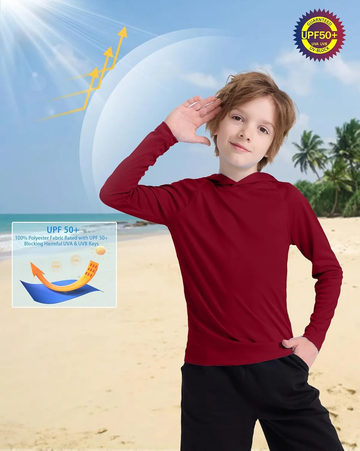 Boys' UPF 50  Rash Guard Long Sleeve, Youth Kids UV Sun Protection SPF Swim Hoodie, Girls Water Fishing Beach Hooded Shirt