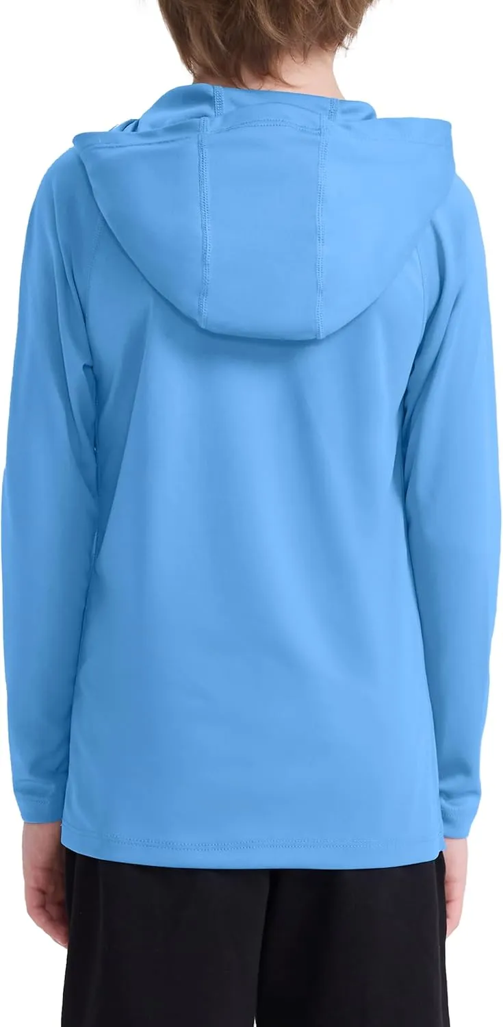 Boys' UPF 50  Rash Guard Long Sleeve, Youth Kids UV Sun Protection SPF Swim Hoodie, Girls Water Fishing Beach Hooded Shirt