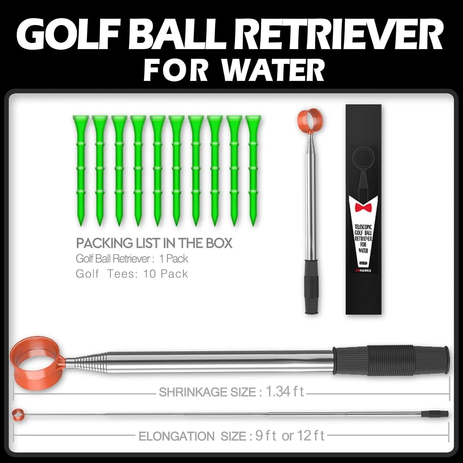 Golf Ball Retriever for Water,Telescopic 12Ft/9Ft Stainless Steel Shaft Two-Sided Easy Pick Up Balls,Unbreakable Head Retriever Tool Golf Accessories Golf Gift for Men