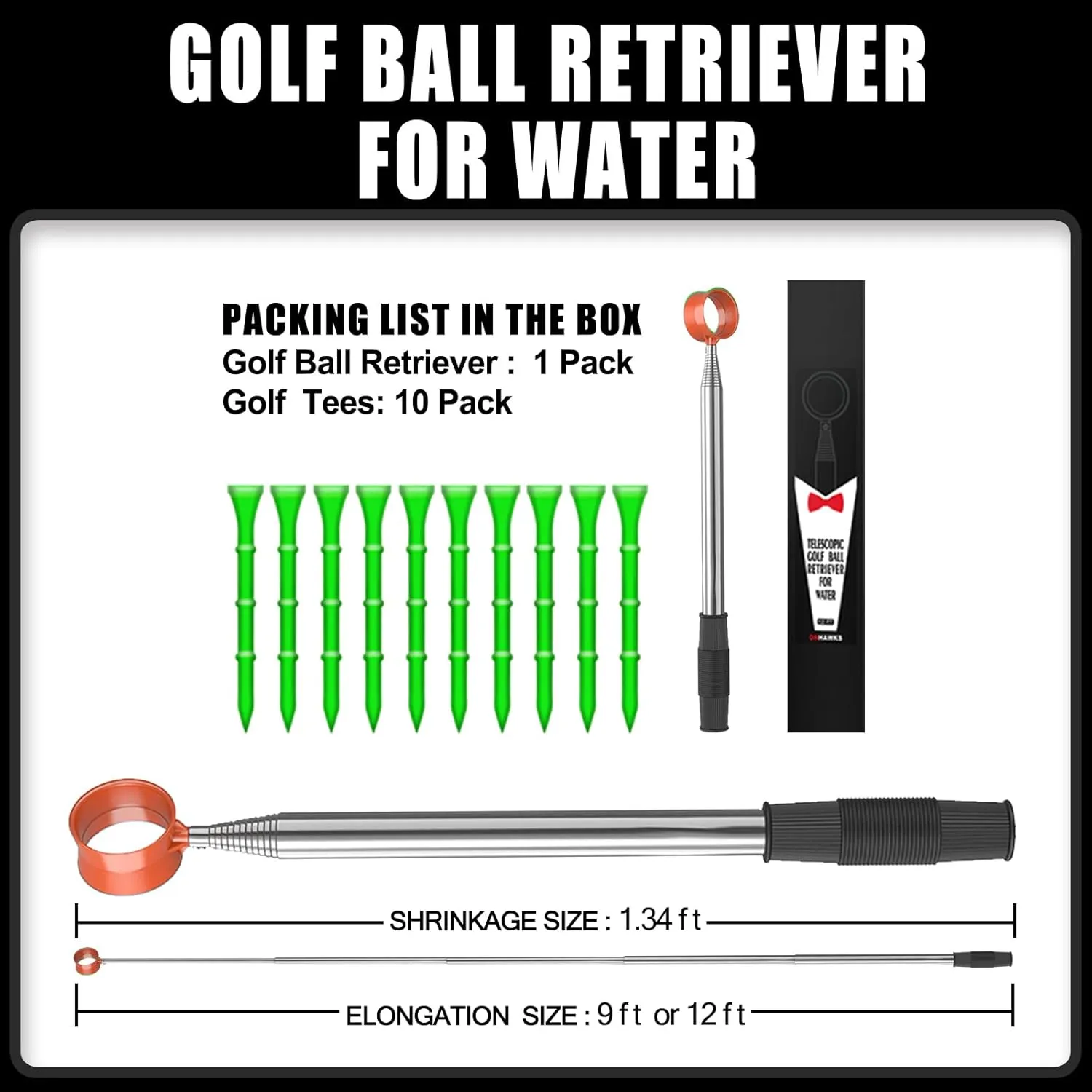 Golf Ball Retriever for Water,Telescopic 12Ft/9Ft Stainless Steel Shaft Two-Sided Easy Pick Up Balls,Unbreakable Head Retriever Tool Golf Accessories Golf Gift for Men