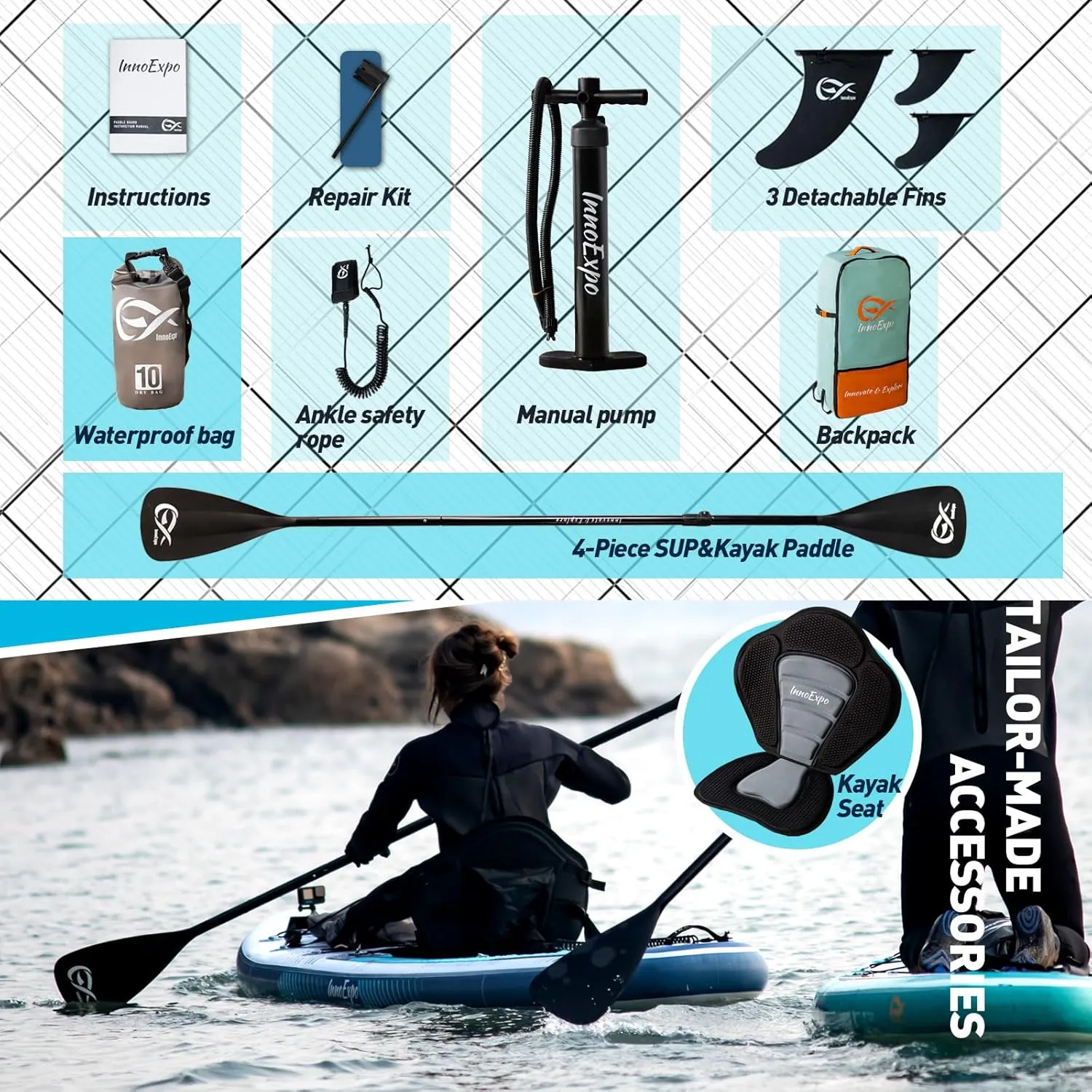 InnoExpo Inflatable Stand Up Paddle Boards with Premium Accessories, Wide Stable SUP Paddle Board Design, Non-Slip Comfort Deck for Youth & Adults