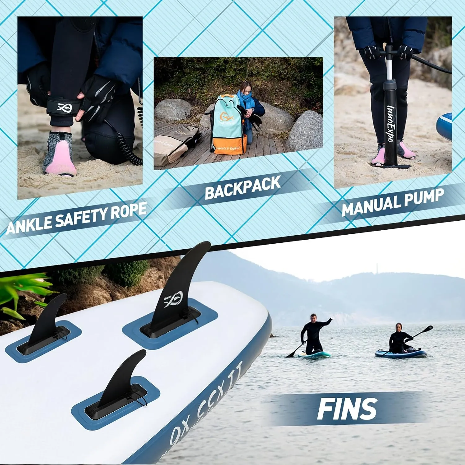 InnoExpo Inflatable Stand Up Paddle Boards with Premium Accessories, Wide Stable SUP Paddle Board Design, Non-Slip Comfort Deck for Youth & Adults