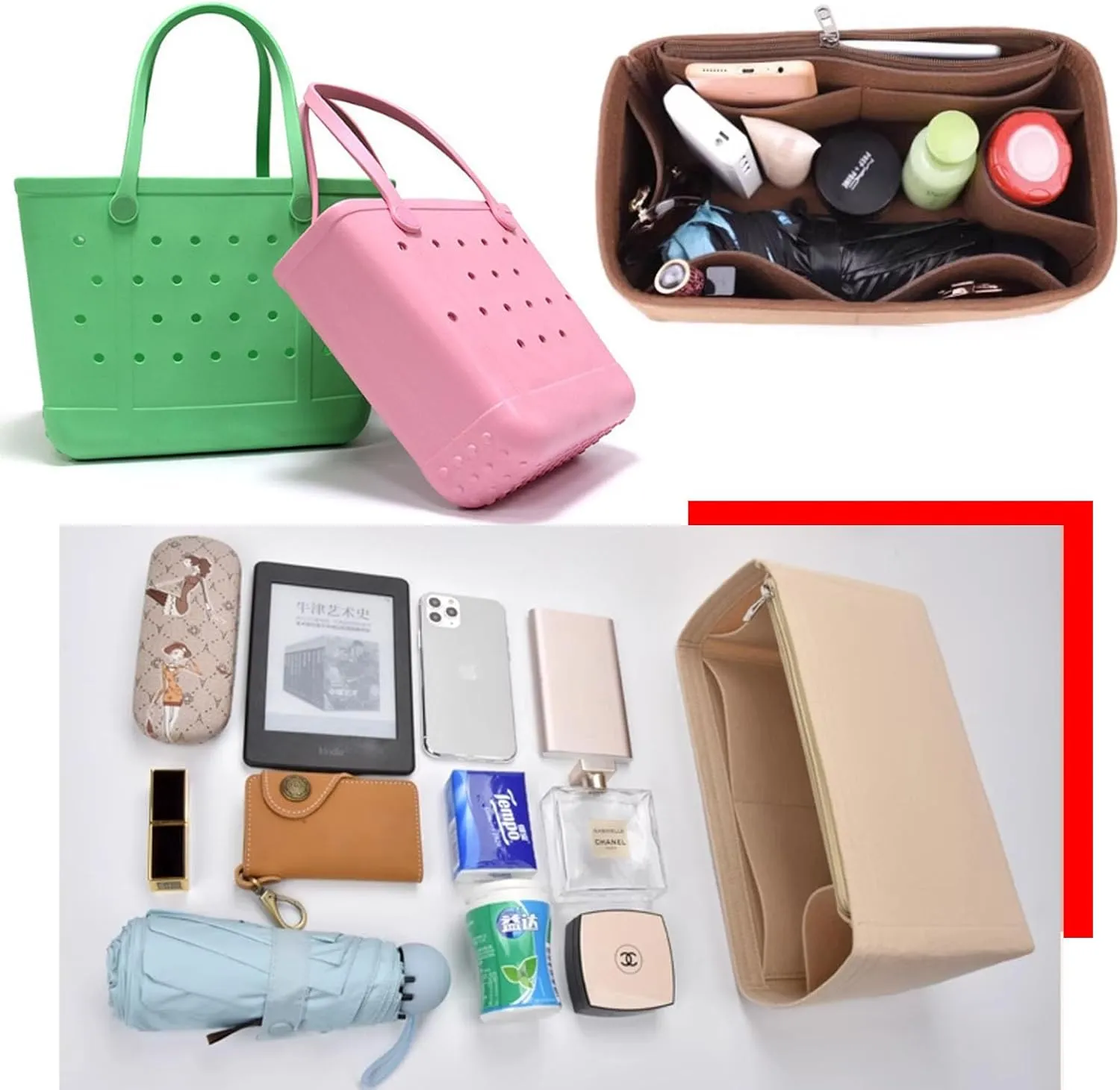 Lckaey Rubber Beach Bag Organizer Compatible with Bo Bag Tote,Divider Pouch for Bo Bags Accessories Felt Insert3018black-L
