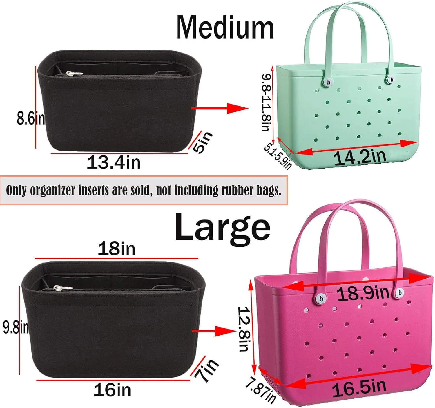 Lckaey Rubber Beach Bag Organizer Compatible with Bo Bag Tote,Divider Pouch for Bo Bags Accessories Felt Insert3018black-L