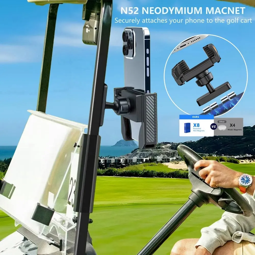 Magnetic Golf Cart Phone Holder: Ultra Stable N52 Magnet Base, Tool-Free Install, 360 Rotatable, Fits EZGO Club Car Yamaha, Must-Have Golf Accessory for iPhone, Samsung, Xiaomi & More Cellphone