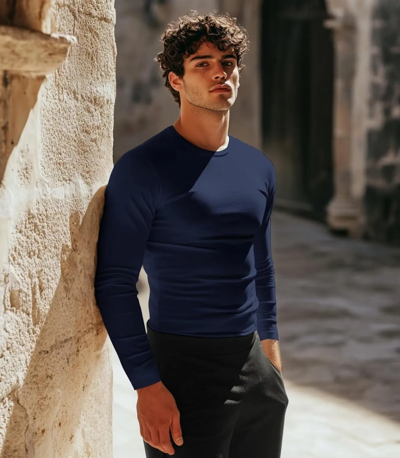 Men's Sport Undershirt, Athletic Thermal Base Layer, Crewneck Long Sleeve Top Slim Fitted Workout Tshirt