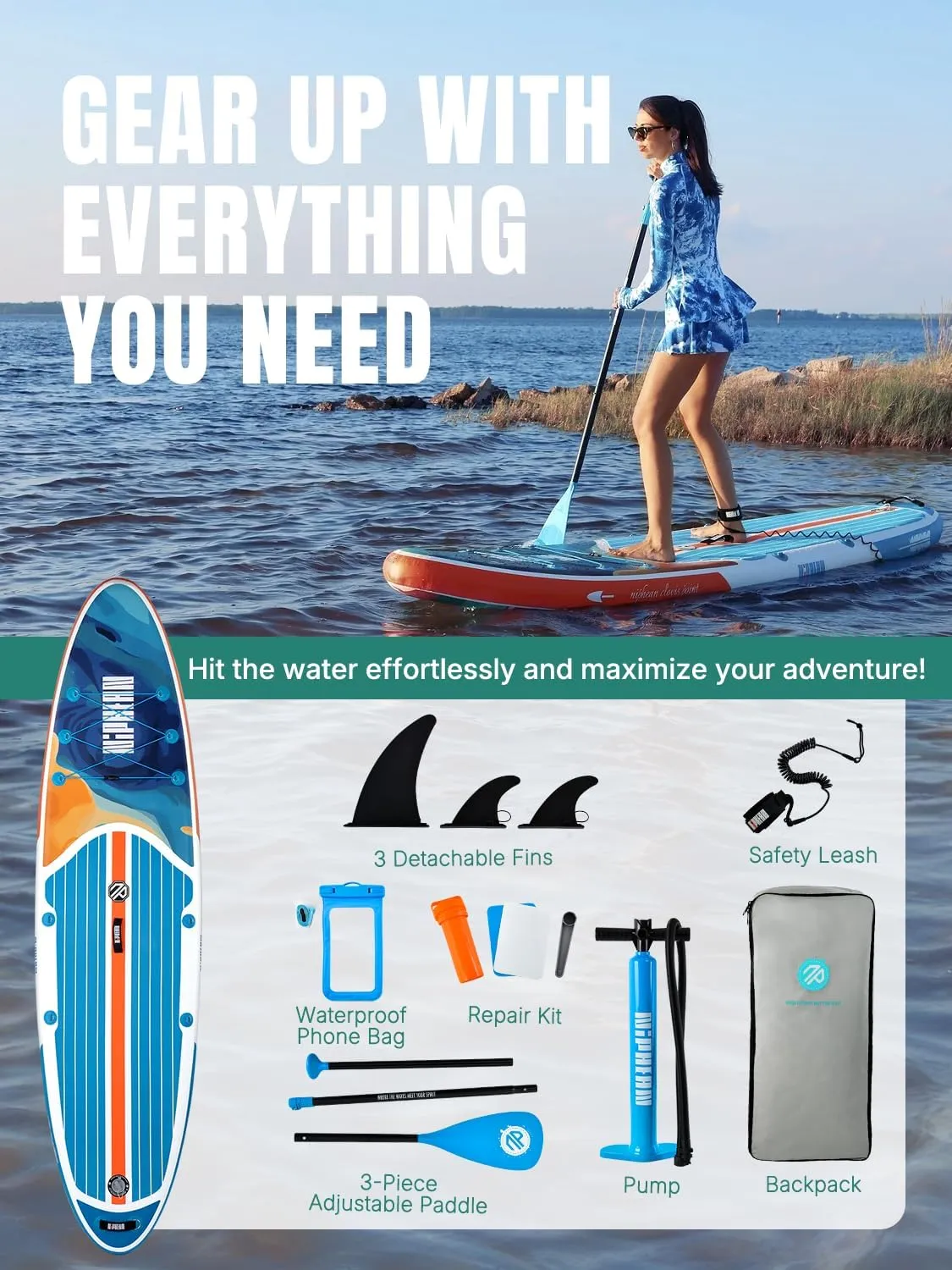 Niphean Inflatable Stand Up Paddle Board with SUP Accessories, Anti-Slip EVA Deck, 106 Inflatable Paddle Boards for Adults & Youth of All Skill Levels