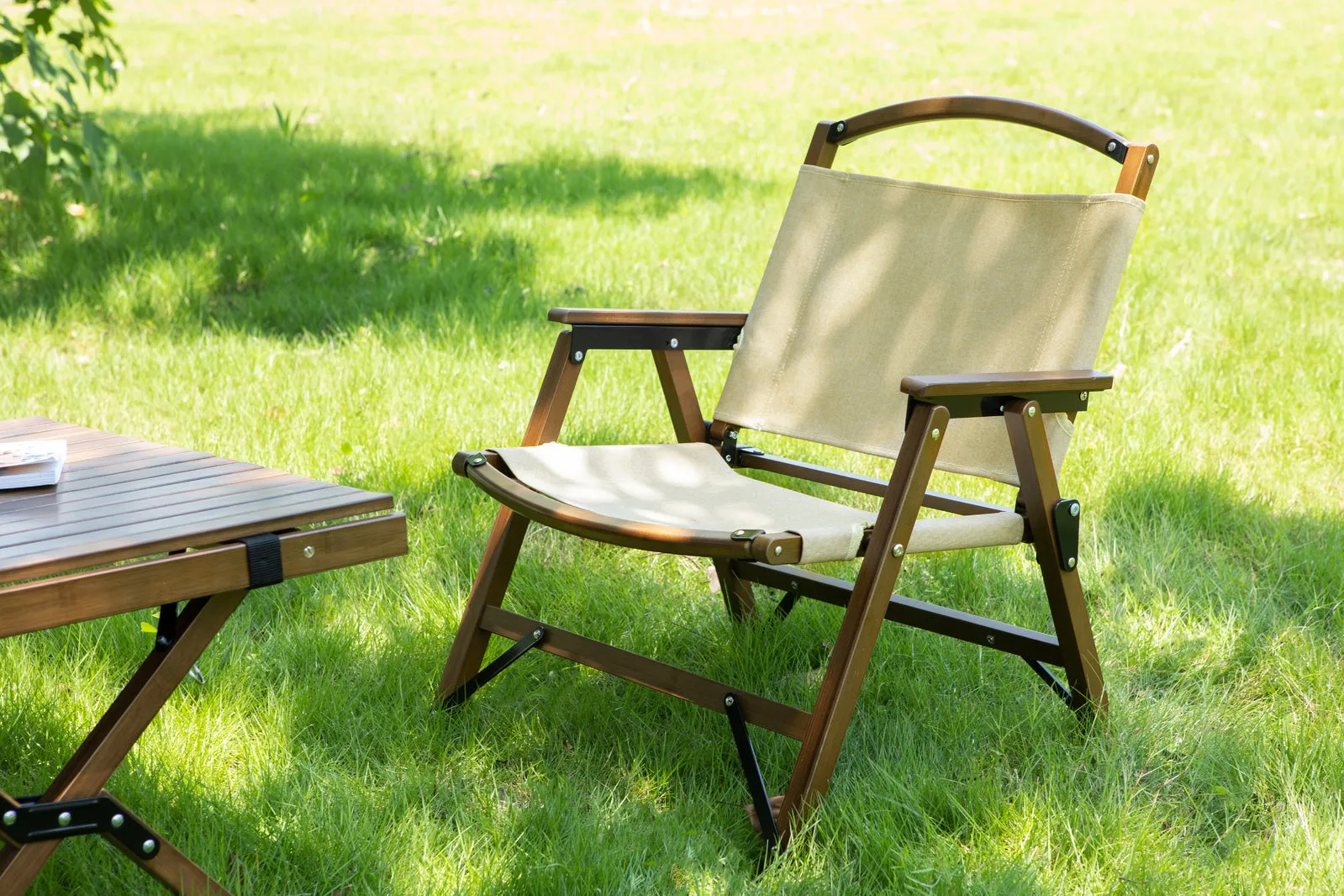 NNEDSZ 4x Bamboo Foldable Outdoor Camping Chair Wooden Travel Picnic Park Folding - Khaki/Beige
