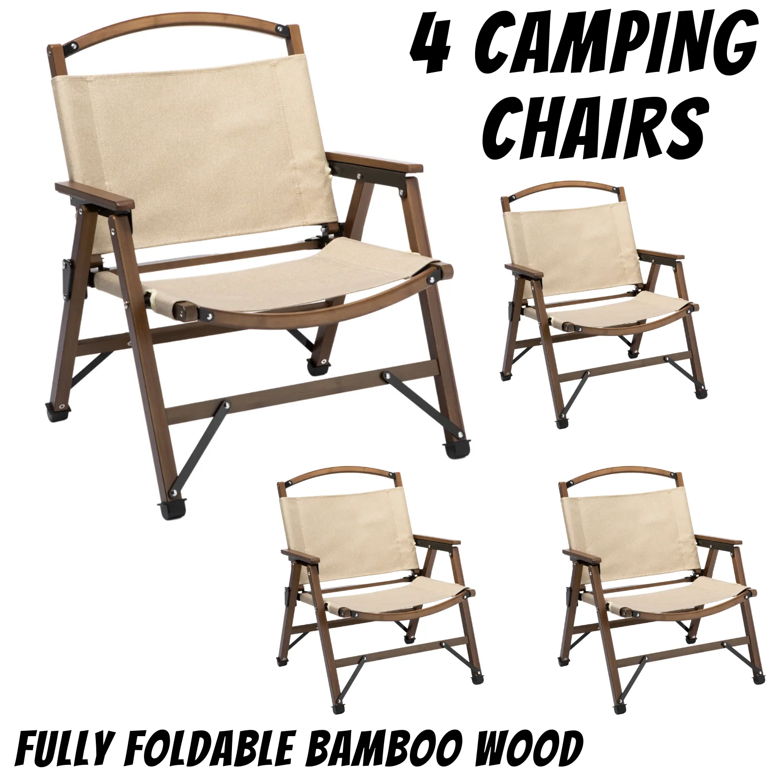 NNEDSZ 4x Bamboo Foldable Outdoor Camping Chair Wooden Travel Picnic Park Folding - Khaki/Beige