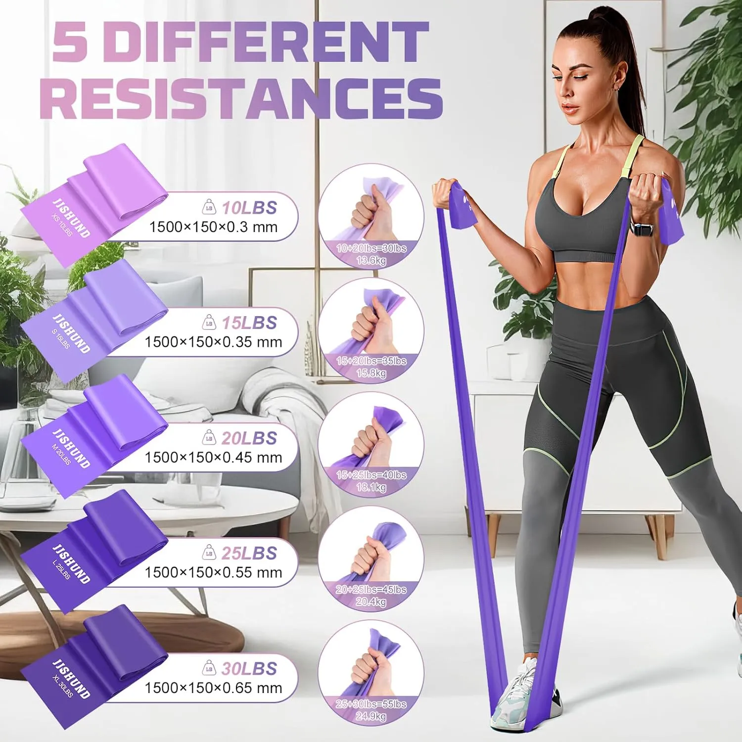 Resistance Bands Set, 5 Pcs Exercise Bands Elastic Stretch Bands for Yoga Pilates Fitness Stretching Strength Training, Workout Bands for Home Gym