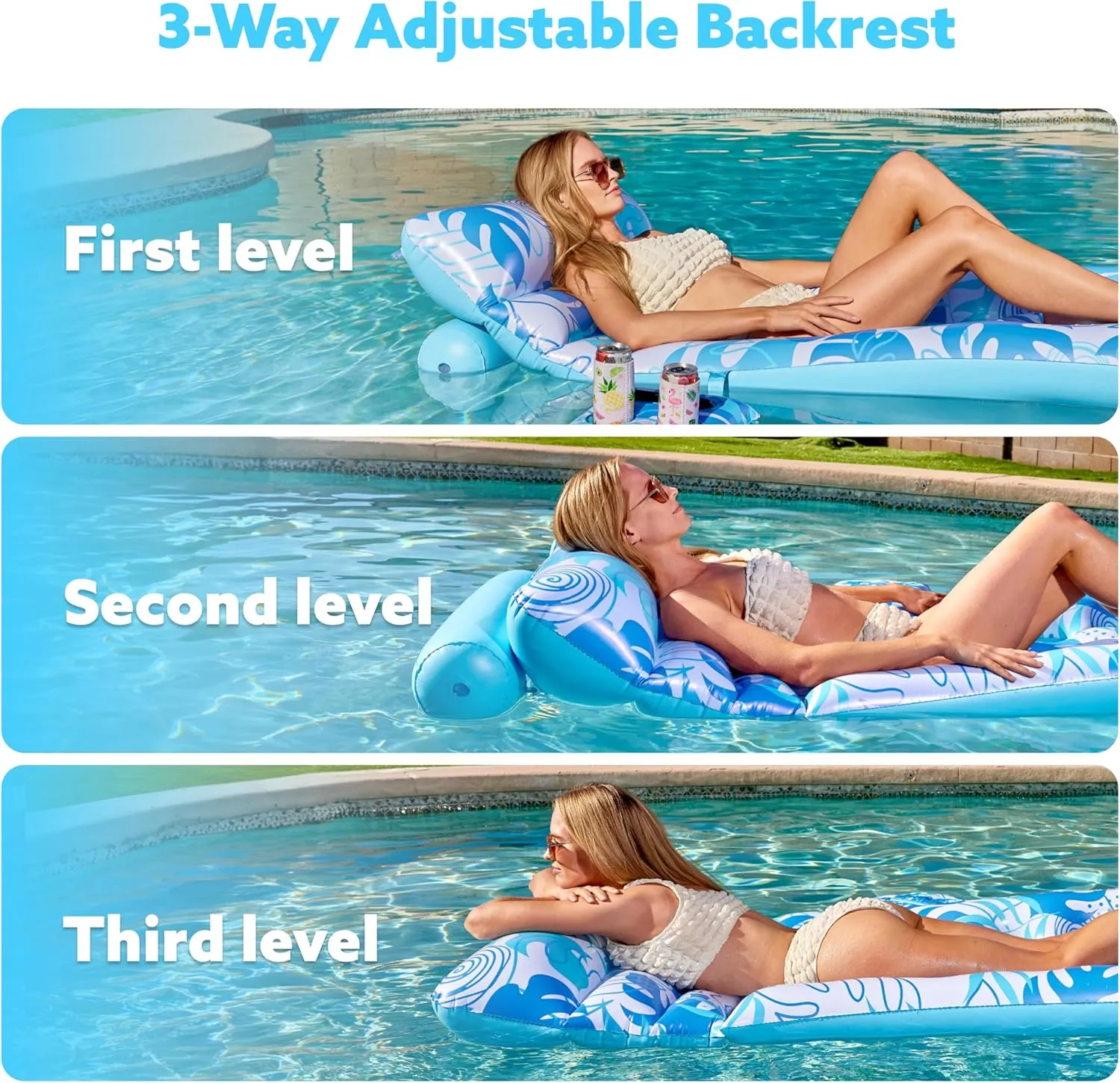 SLOOSH Adjustable Backrest Pool Floats - Tropical Leaves Pool Lounger Floaties Adults with Cup Holders, Inflatable Tanning Float Rafts Chair Beach Lake Lounge Floating Above Water Keep Cool (Blue)