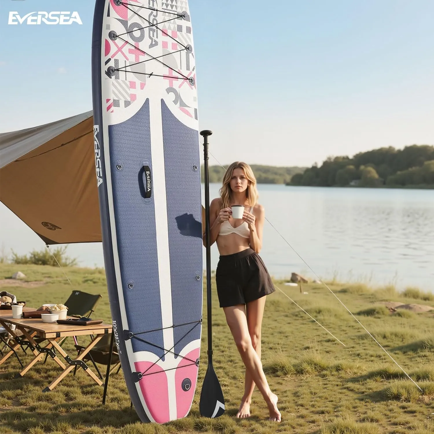 Stand-Up Paddle Boards, 10 ft Inflatable Paddle Board with SUP Accessories, Non-Slip Comfort EVA Deck, Dual PVC Layer, Memphis Style Basic All-Around Stable Wide Paddleboard for Youth & Adults