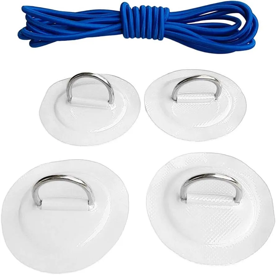 Stand up Paddleboard SUP Bungee Deck Rigging Kit - 4Pcs D Ring Patch & Blue Elastic Shock Cord, Inflatable Boat Deck Attachment Kit Kayak Accessories White