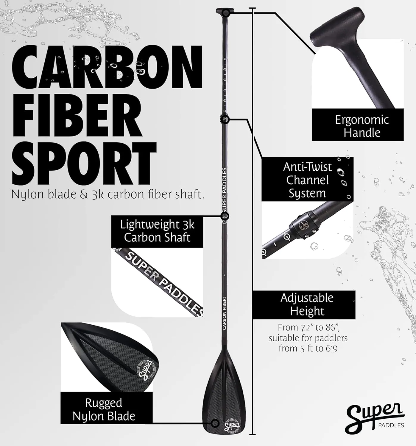 SUP Paddle - Carbon Fiber & Fiberglass Paddles - 3 Piece Adjustable Paddle Board Paddles w/Carbon Fiber or Fiberglass Performance Blades - Carbon, Fiberglass, or Aluminum Shaft Stand-Up Paddles