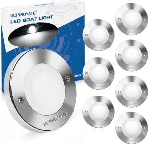 UCINNOVATE 8Pcs 3.15Round LED Marine Light with sliver housing, Navigation Boat Lights, LEDs Boat Interior Light, Deck Courtesy Lighting IP65 Waterproof, LED Marine Stern Lights, 12-24V (White)