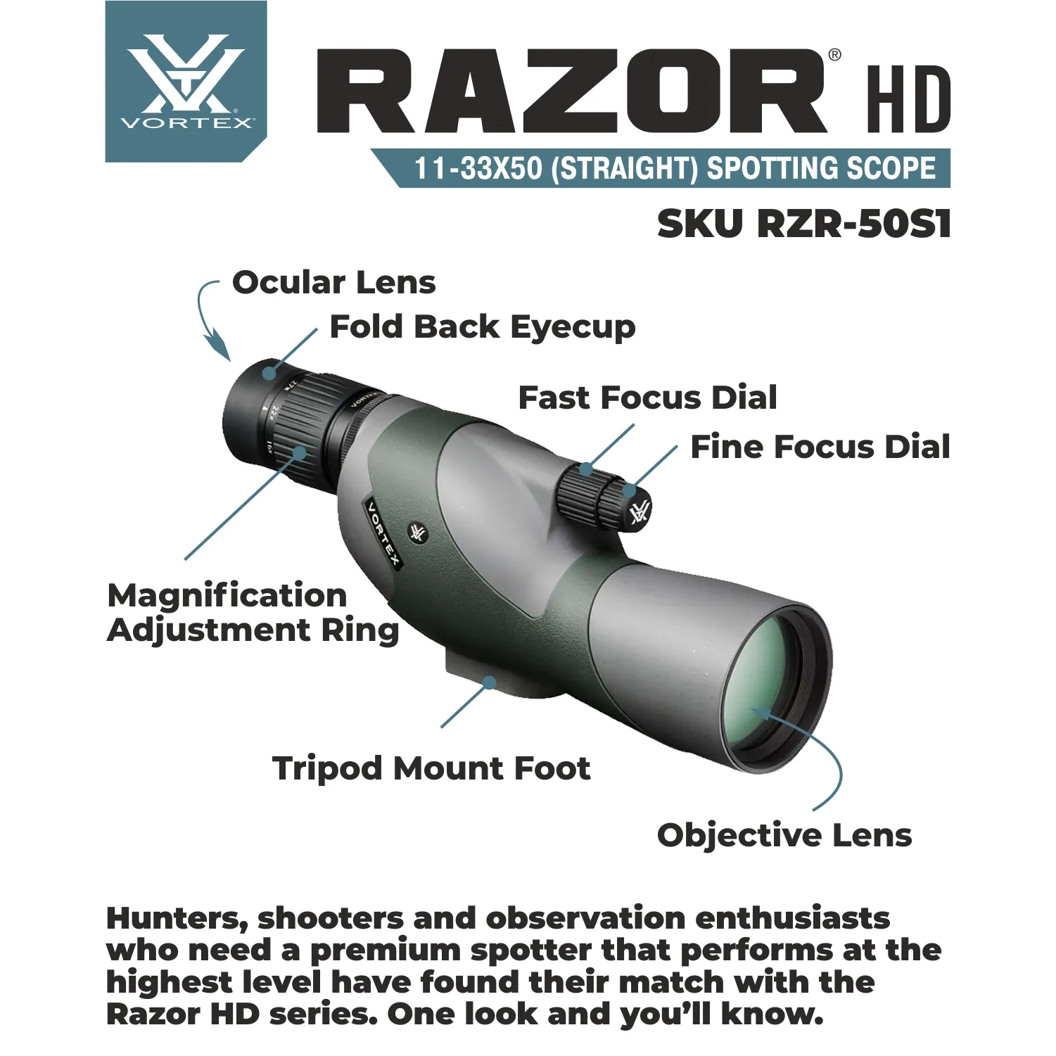 Vortex Optics Razor HD 11-33x50 Straight Spotting Scope (RZR-50S1)