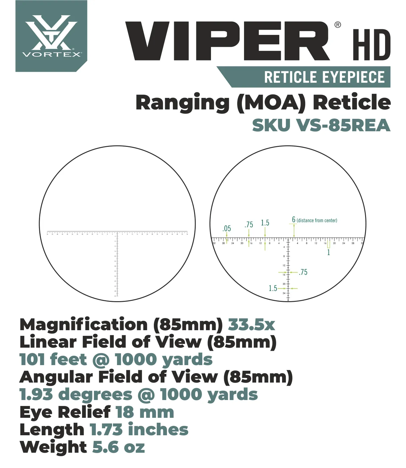 Vortex Optics Viper HD 85mm Spotting Scope Reticle Eyepiece Ranging (MOA) Reticle (VS-85REA)